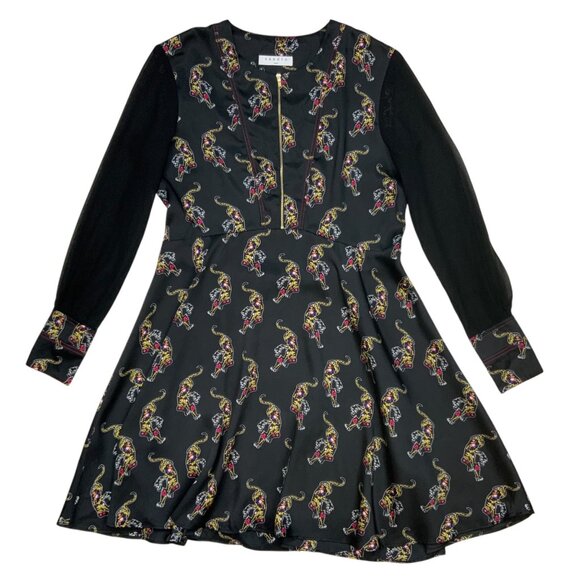 Sandro Paris Kaiya Tiger Print Dress 3 US/8 Black Long Sleeve Mini MISSING BELT - Picture 12 of 12